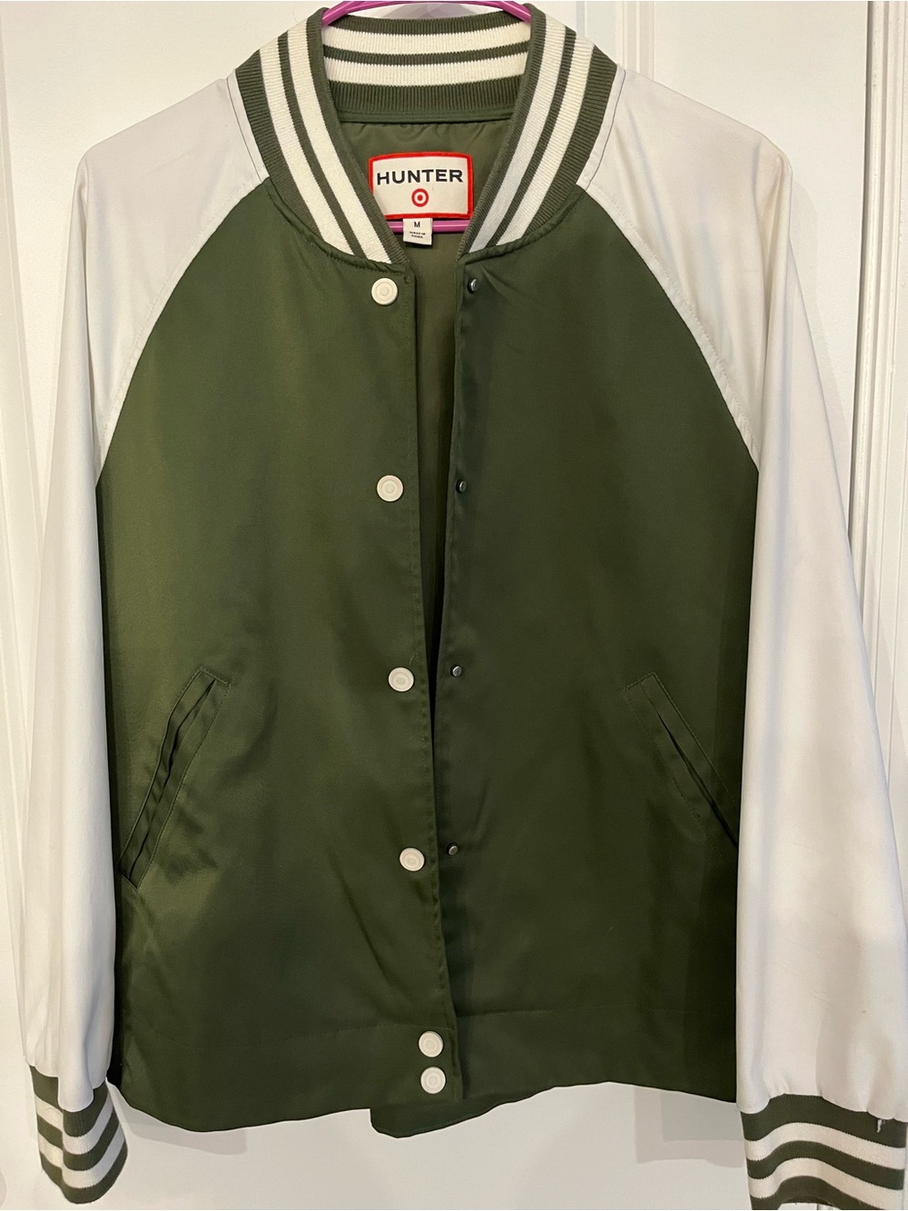 Hunter Olive Green and White Varsity Bomber Jacket